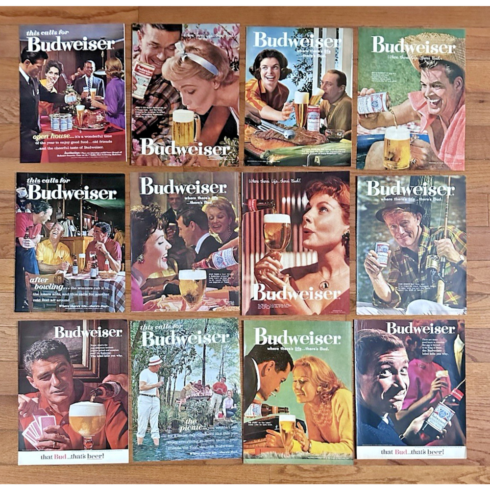 Lot of 12 Vintage Budweiser Beer Magazine Ads 1960’s